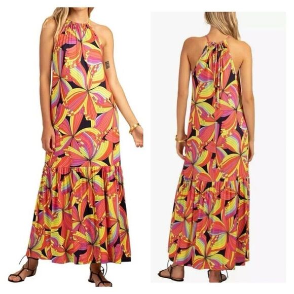 New Trina Turk ‘La Concha’ Rainbow Flower Burst  Maxi Dress Cover up Size Medium - Picture 1 of 6